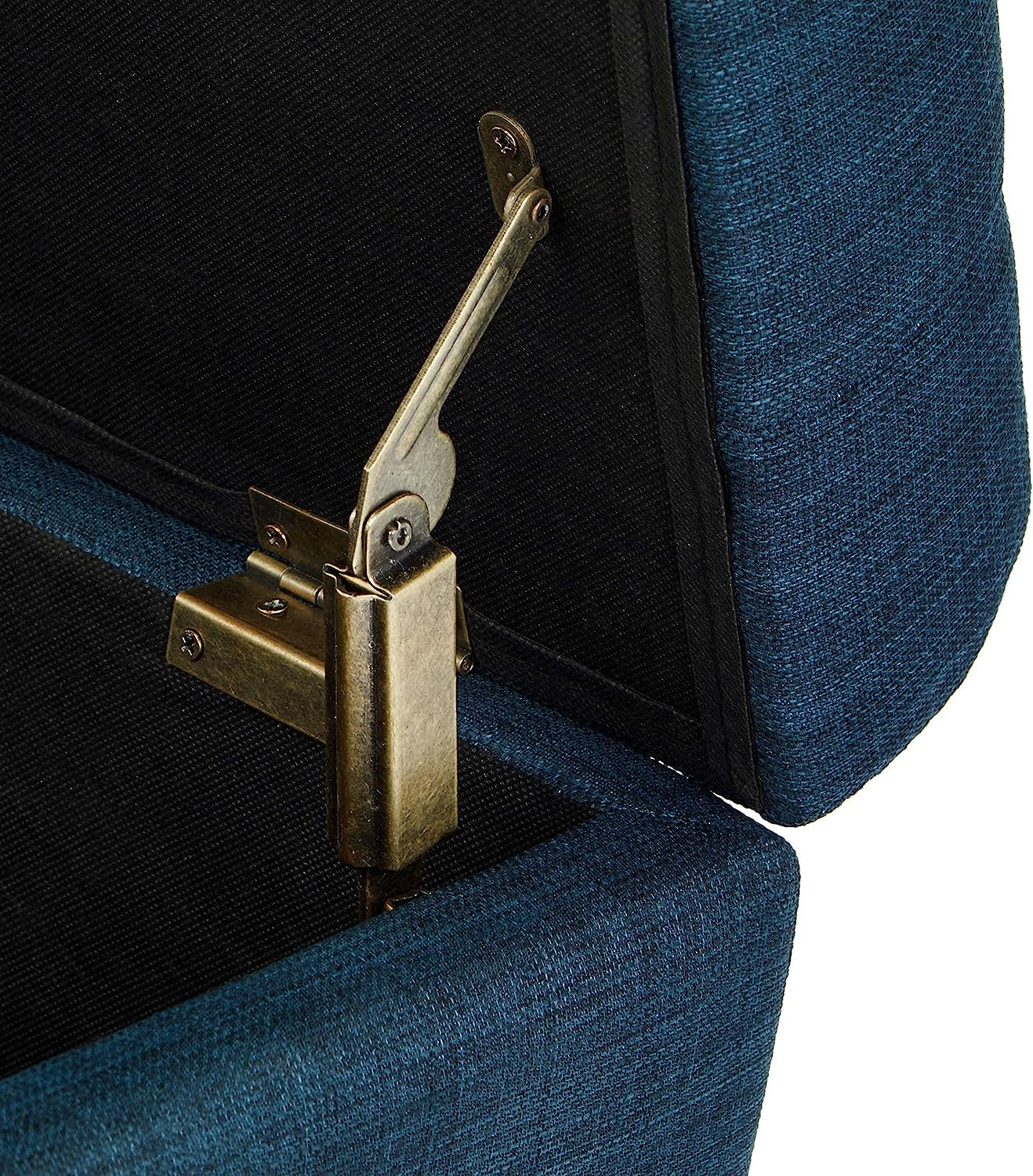 Small Blue Linen Storage Ottoman With Hinged Lid For Living Room