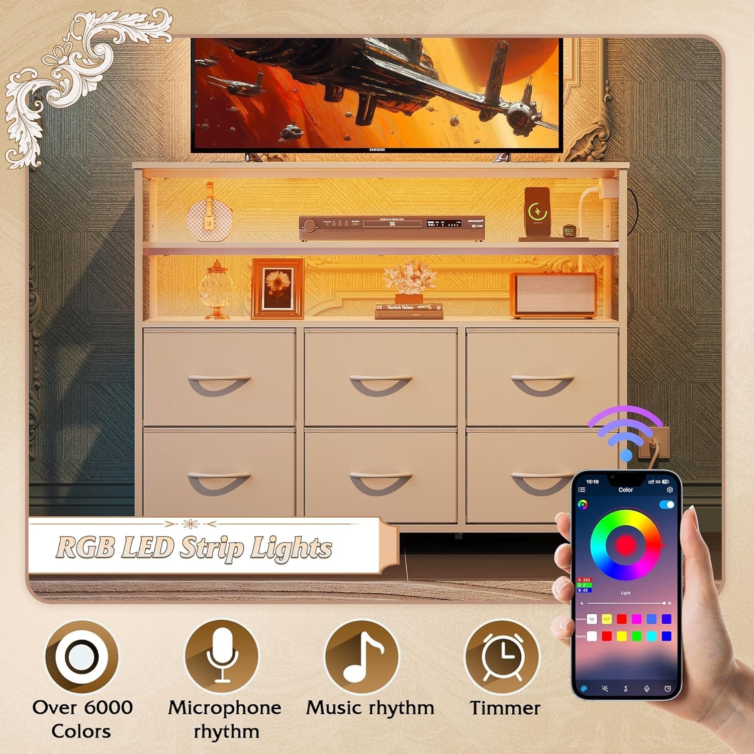 LED Dresser TV Stand with LED Lights & 6 Drawers