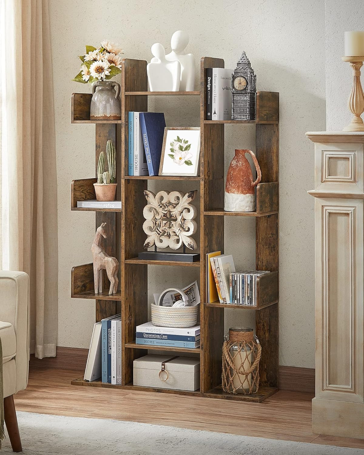 Tree-Shaped Rustic Bookshelf with 13 Shelves – Space-Saving Bookcase