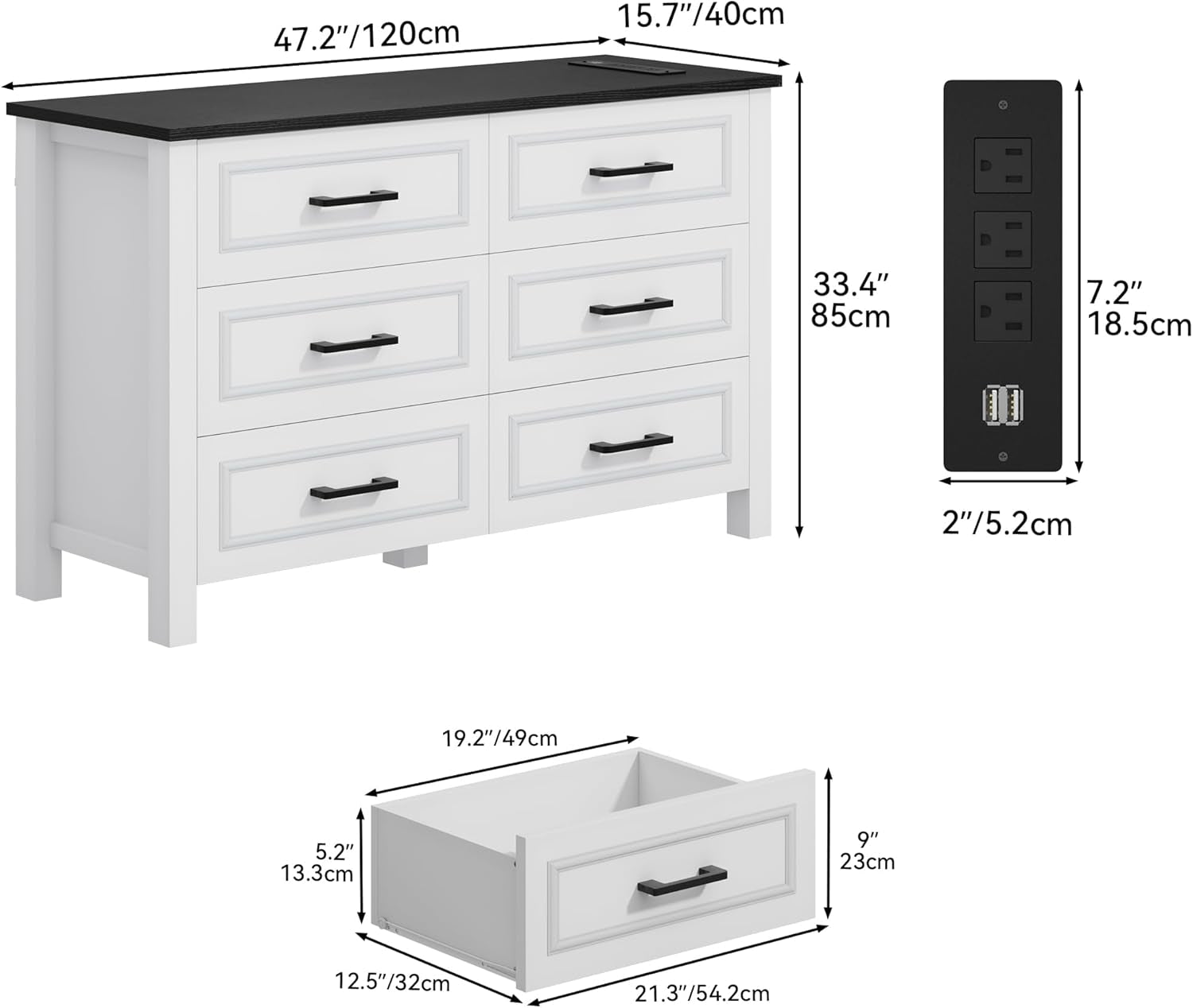6 Drawer Farmhouse Dresser with Built-In Power Outlet – White & Black