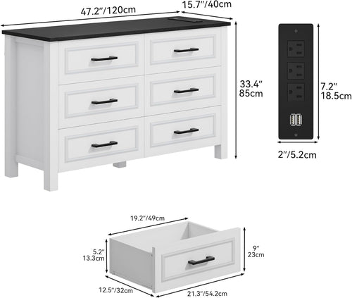 6 Drawer Farmhouse Dresser with Built-In Power Outlet – White & Black