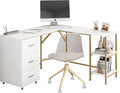 L Shaped Corner Desk Two Tone With Drawers And Shelves For Home Office