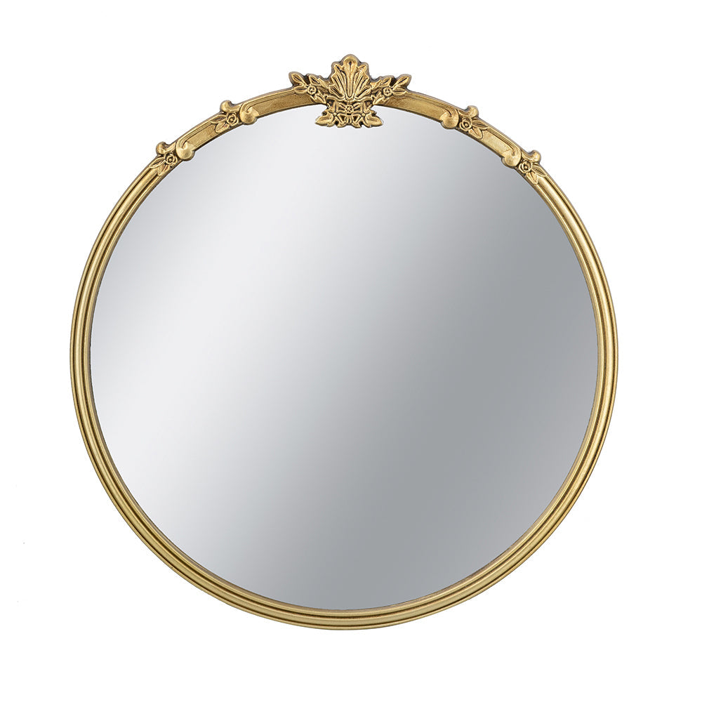 30x31' Round Wall Mirror With Gold Finish And Decorative Leaf Crest