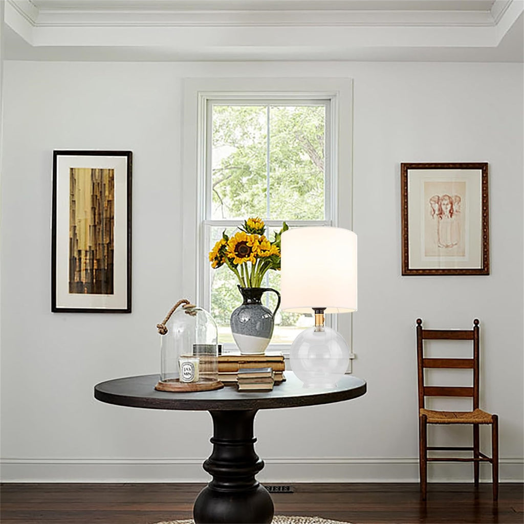 Minimal Glass Table Lamp with Fabric Shade – Soft Ambient Bedside Light