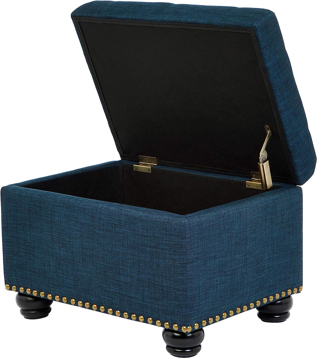 Small Blue Linen Storage Ottoman With Hinged Lid For Living Room
