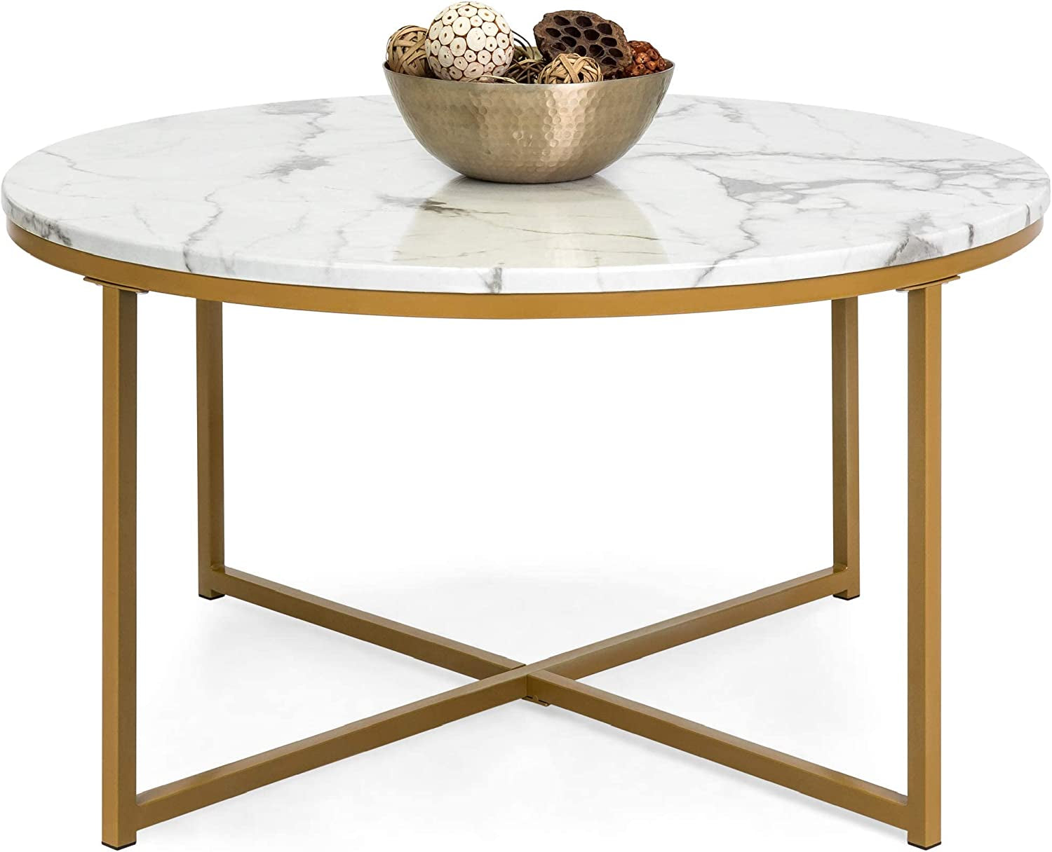 Round Coffee Table With Faux Marble Top Cross Leg Design