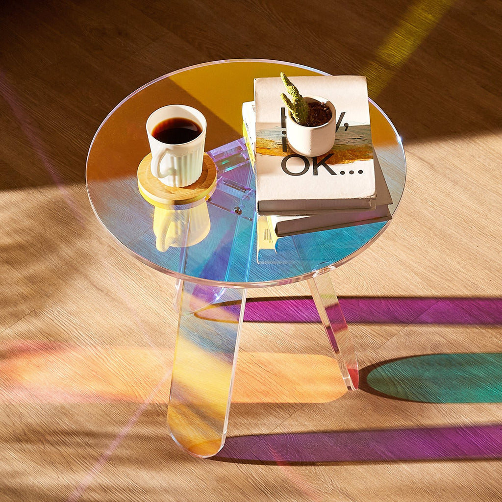 Iridescent Acrylic Side Table – Modern Rainbow Accent Furniture