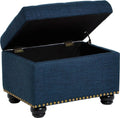 Small Blue Linen Storage Ottoman With Hinged Lid For Living Room