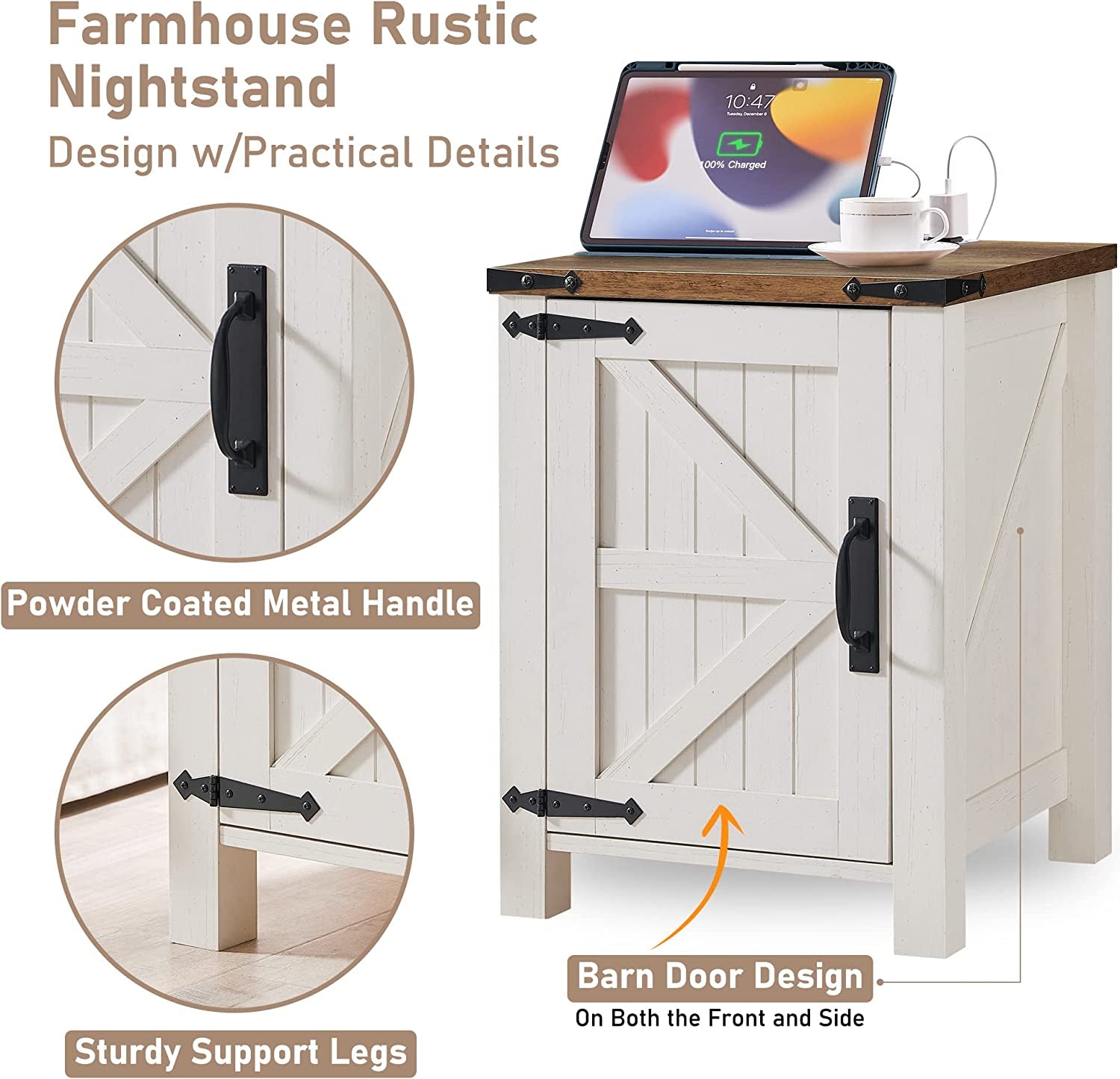 Farmhouse Nightstand With Charging Station Antique Finish