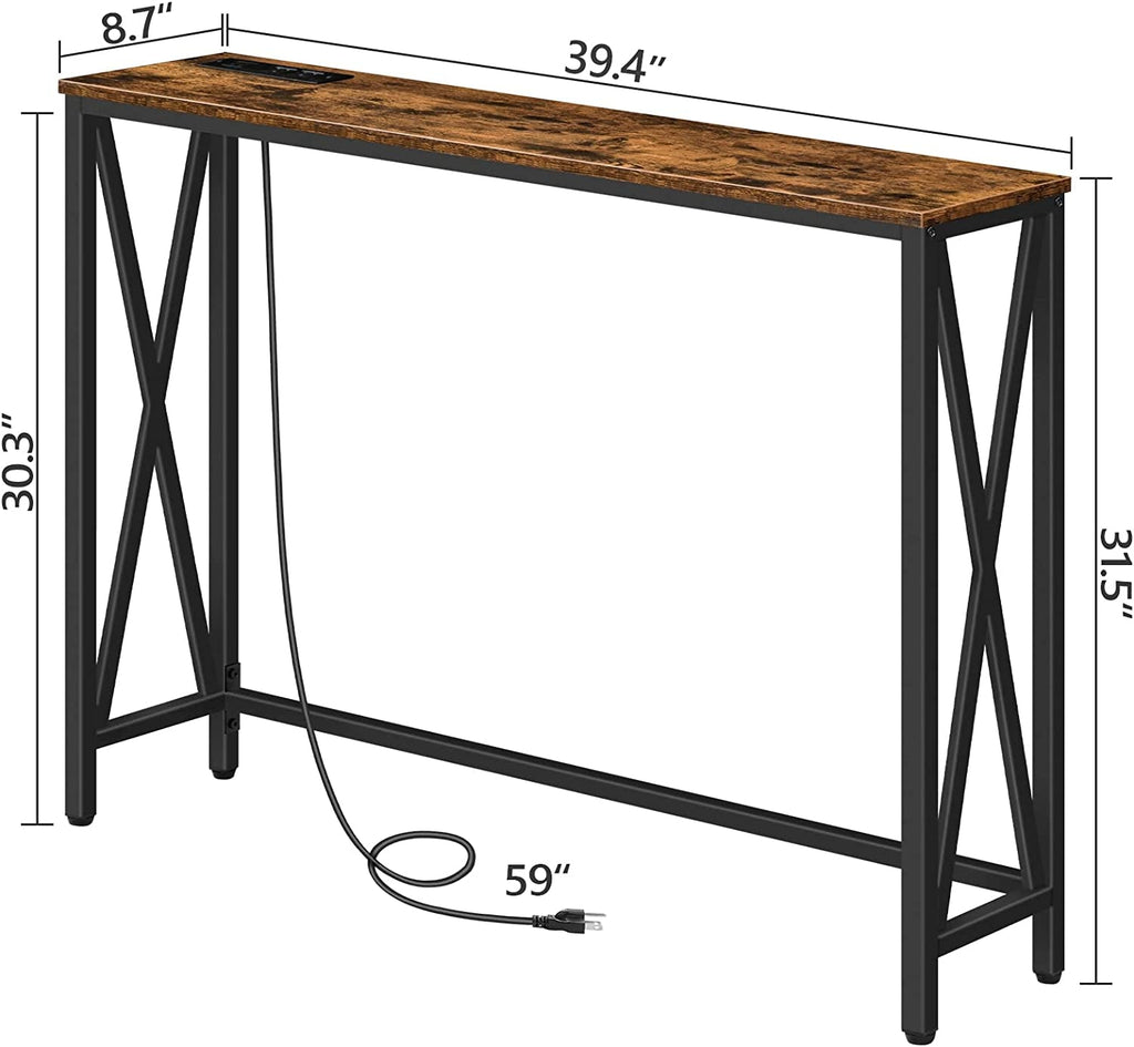 Rustic Brown Sofa Table with Power Outlet & USB Ports