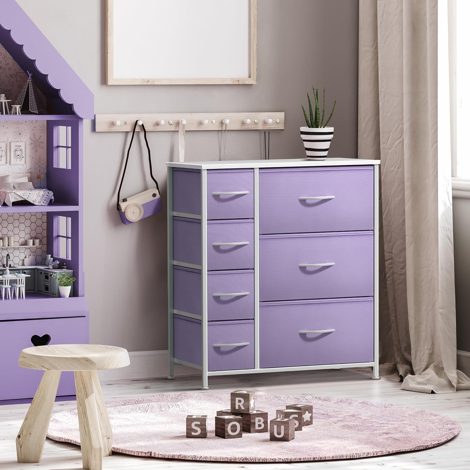 7-Drawer Kids Storage Dresser – Pastel Purple Fabric Drawers