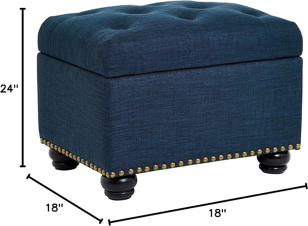 Small Blue Linen Storage Ottoman With Hinged Lid For Living Room