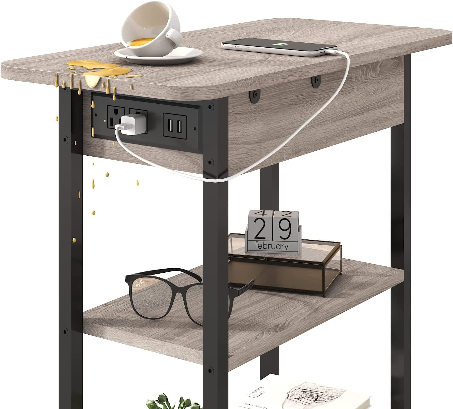 End Table with Vertical Charging Station & USB Outlets – Greige