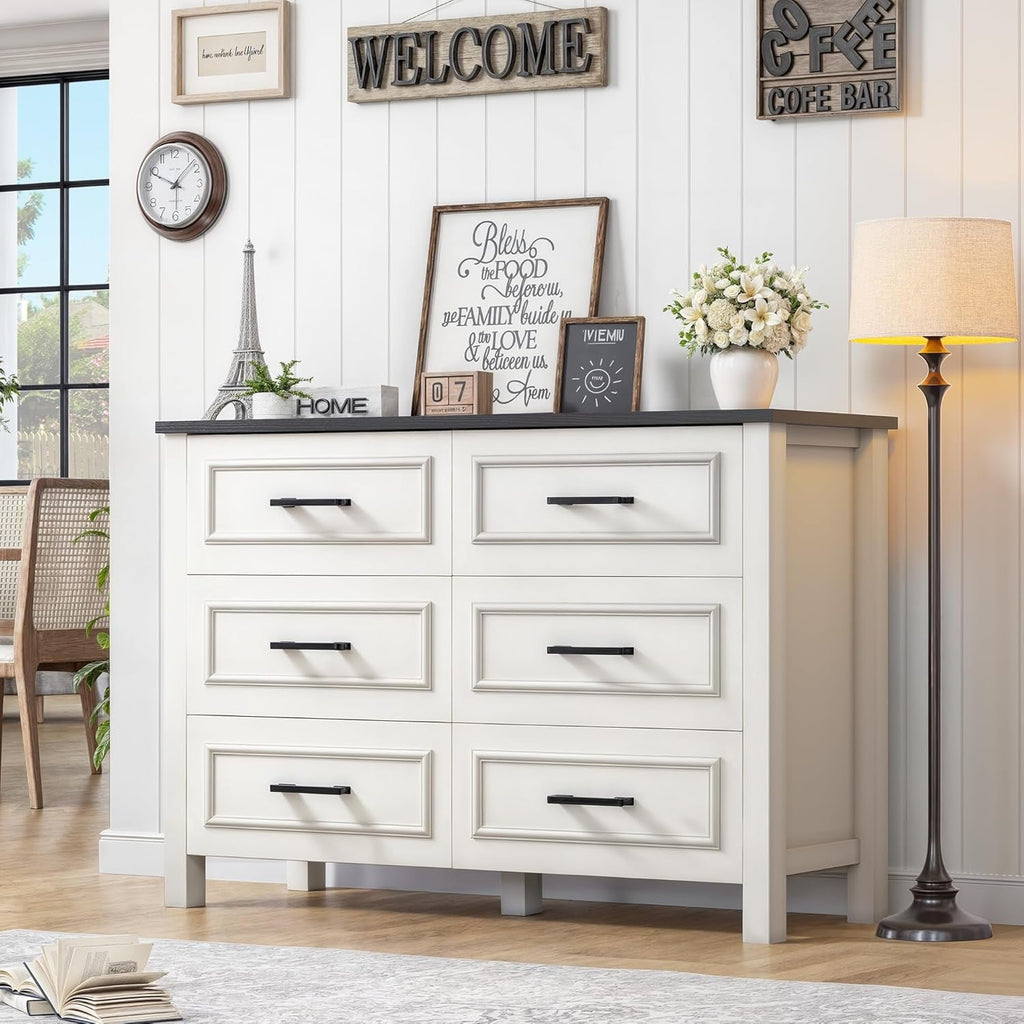 6 Drawer Farmhouse Dresser with Built-In Power Outlet – White & Black