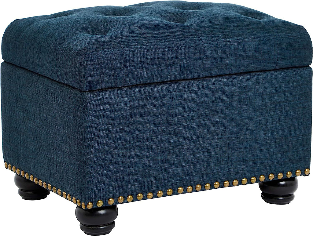 Small Blue Linen Storage Ottoman With Hinged Lid For Living Room