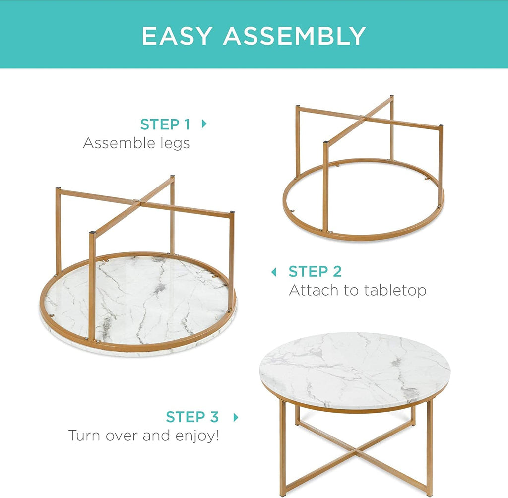 Round Coffee Table With Faux Marble Top Cross Leg Design