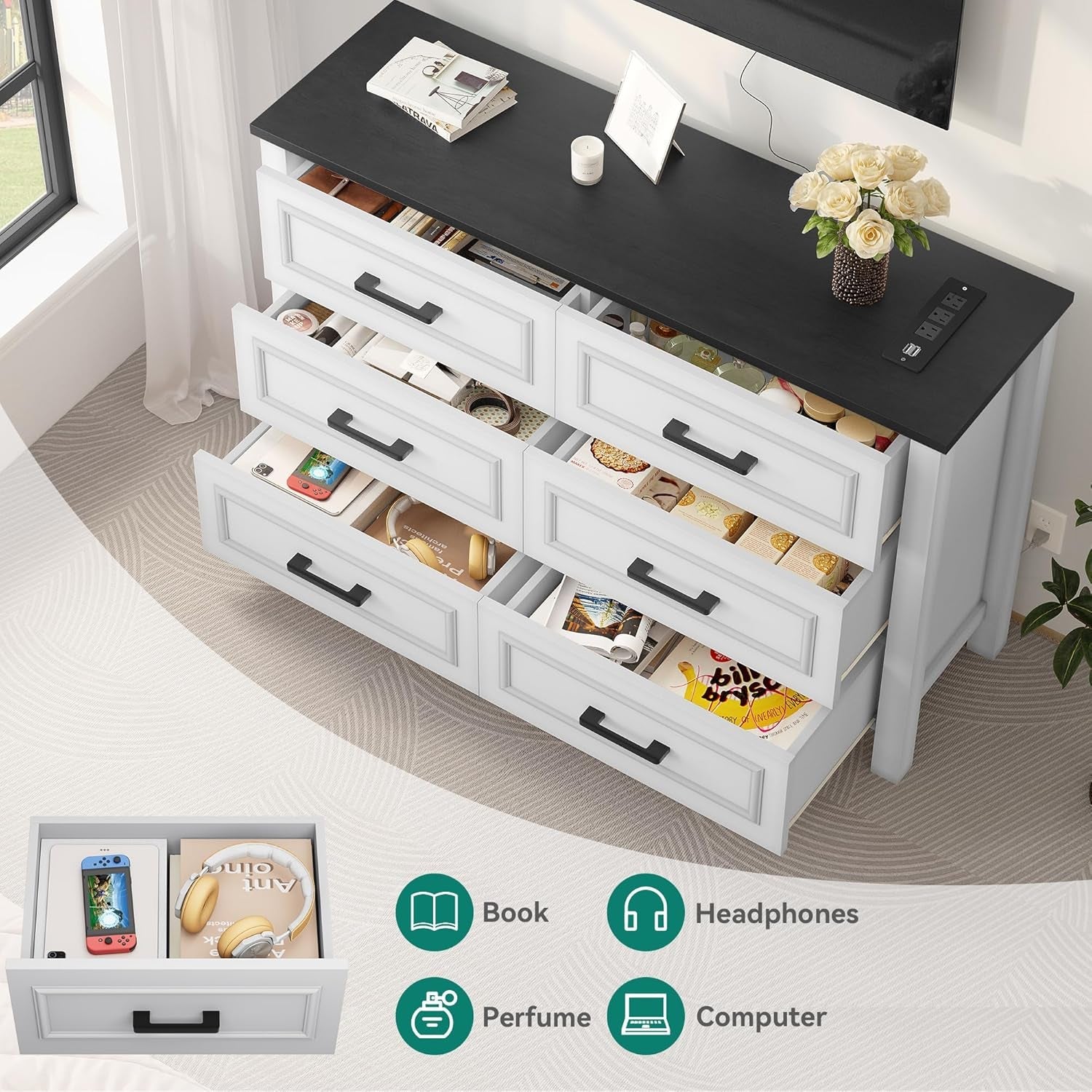 6 Drawer Farmhouse Dresser with Built-In Power Outlet – White & Black