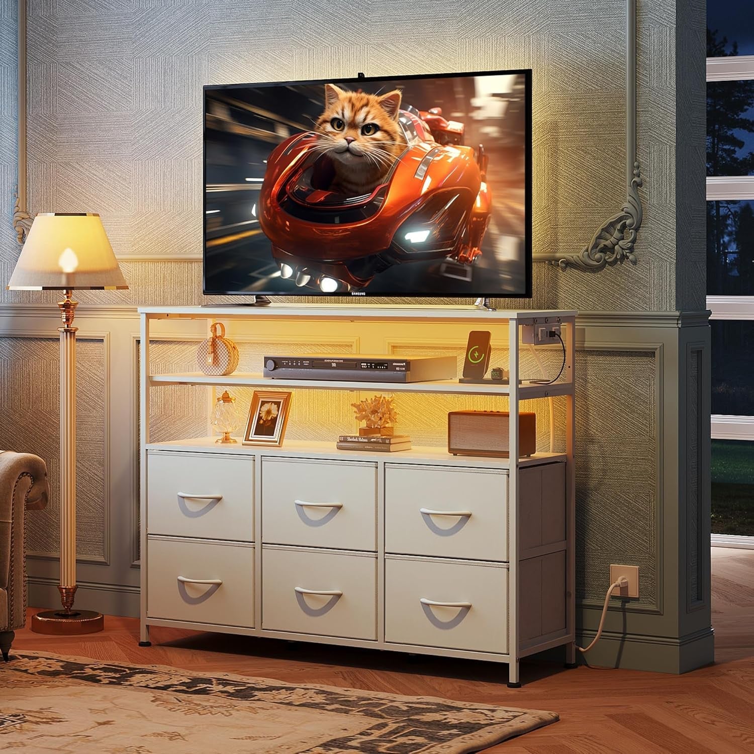 LED Dresser TV Stand with LED Lights & 6 Drawers