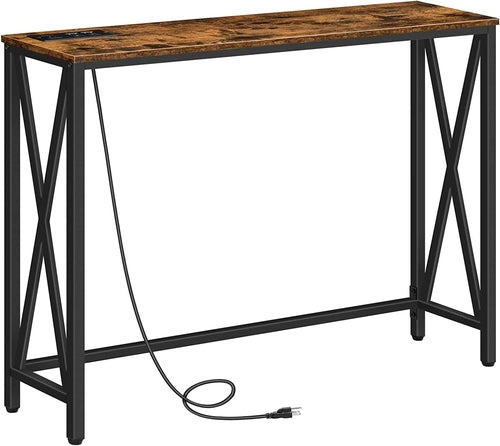 Rustic Brown Sofa Table with Power Outlet & USB Ports