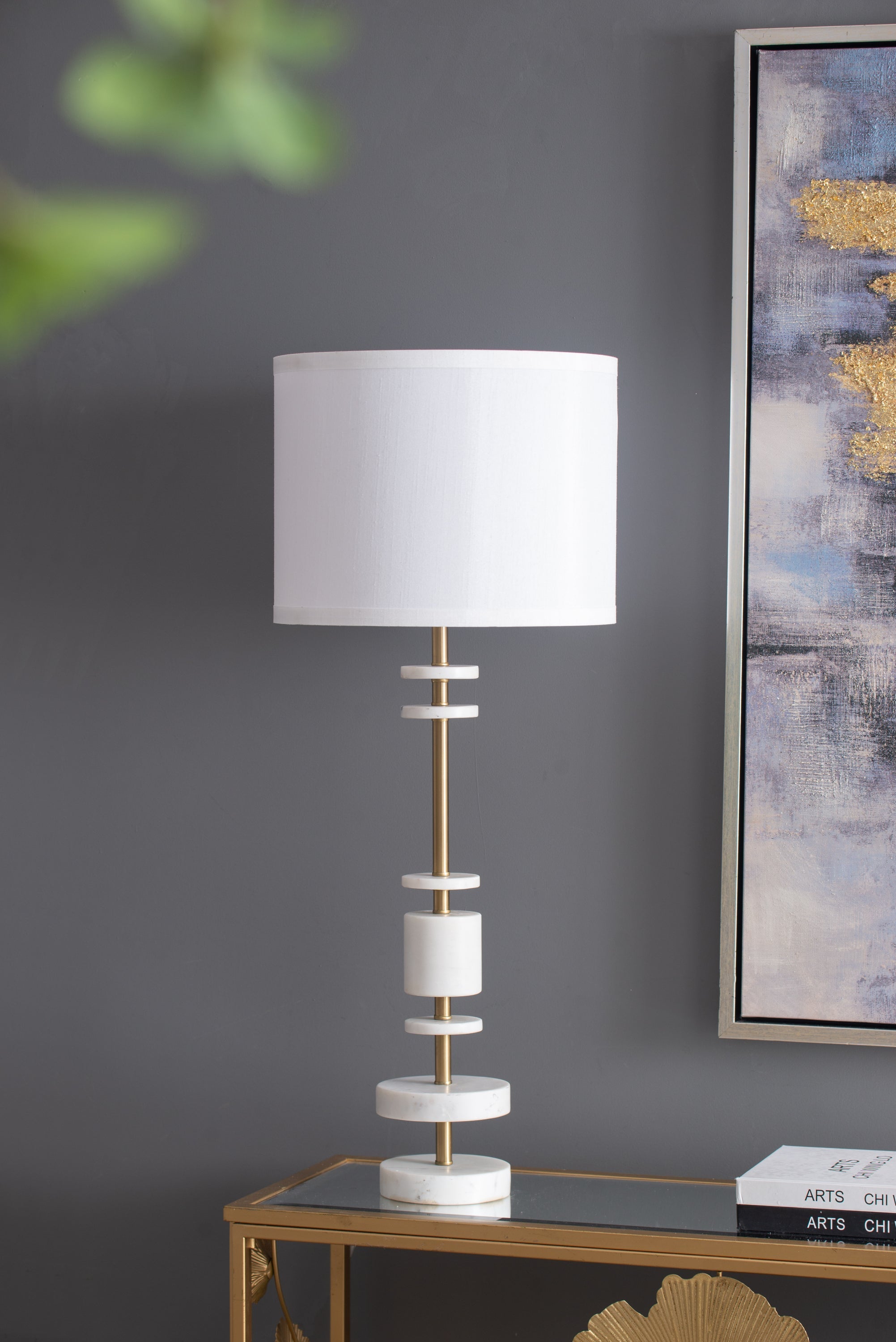 13" White Marble & Brass Table Lamp – 32.8" Tall Modern Drum Shade Lamp