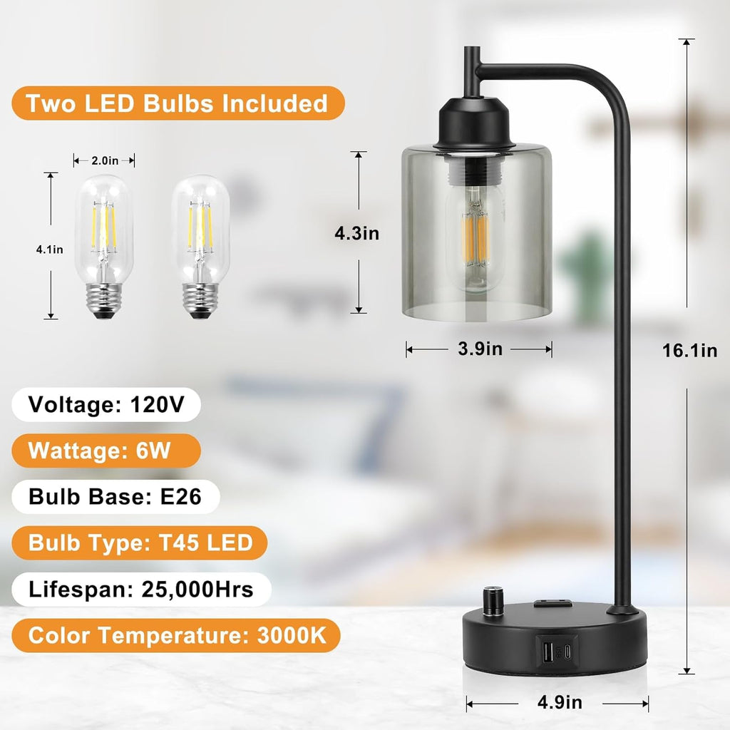 Industrial Desk Lamps 2-Pack with USB-C Charging & Dimmable Light