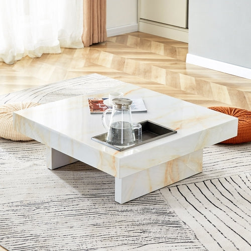 Modern White Coffee Table with Imitation Marble Pattern – MDF Square Design (31.4")