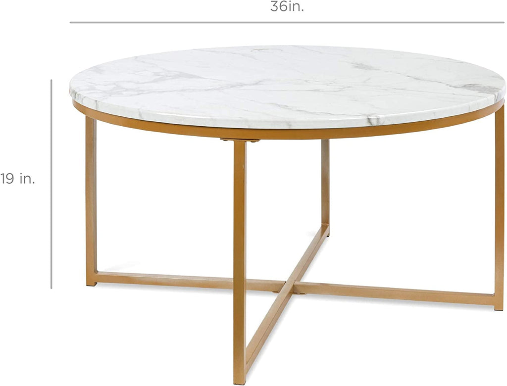 Round Coffee Table With Faux Marble Top Cross Leg Design