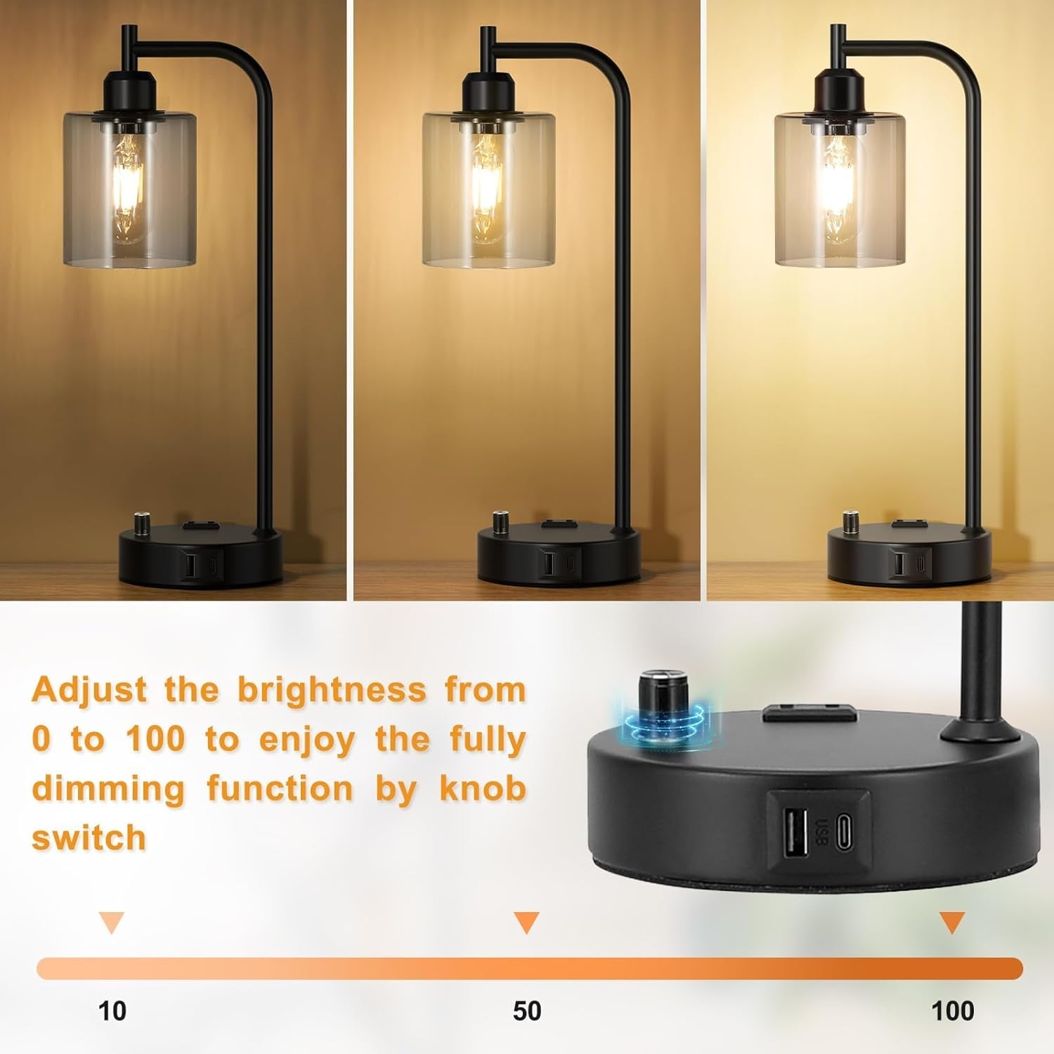 Industrial Desk Lamps 2-Pack with USB-C Charging & Dimmable Light