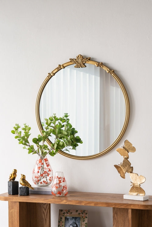 30x31' Round Wall Mirror With Gold Finish And Decorative Leaf Crest