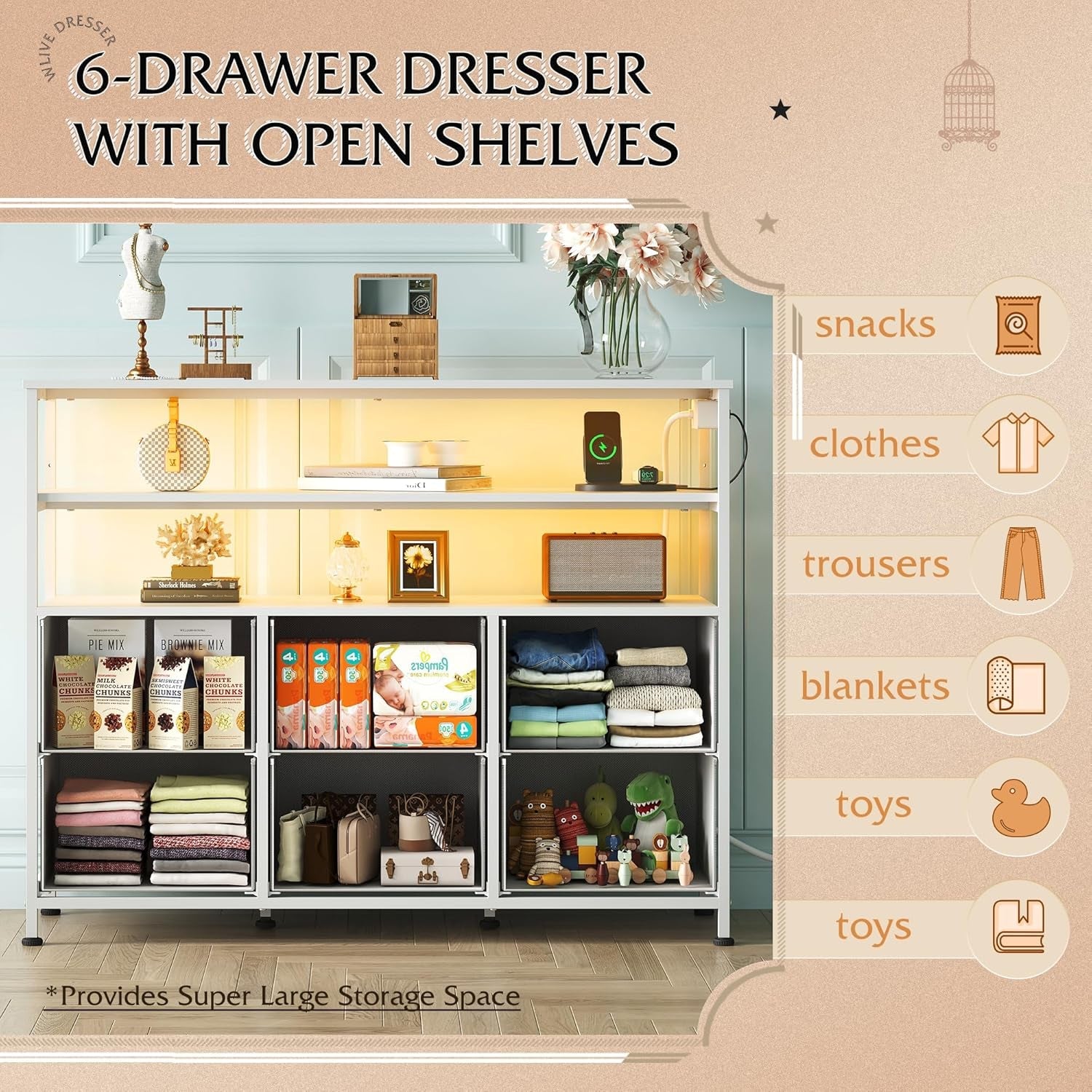 LED Dresser TV Stand with LED Lights & 6 Drawers