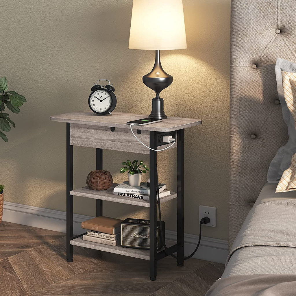End Table with Vertical Charging Station & USB Outlets – Greige
