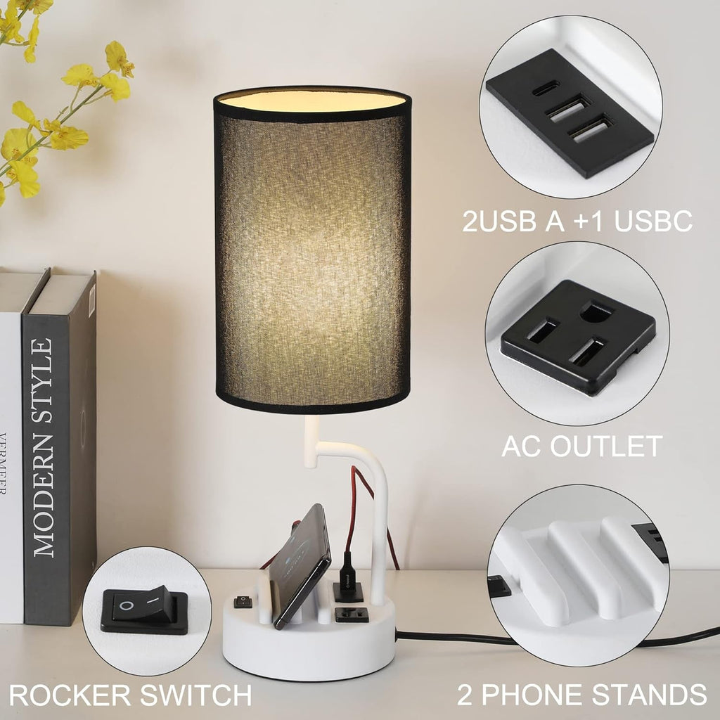 Table Lamp With 3 USB Ports And AC Outlet White Black