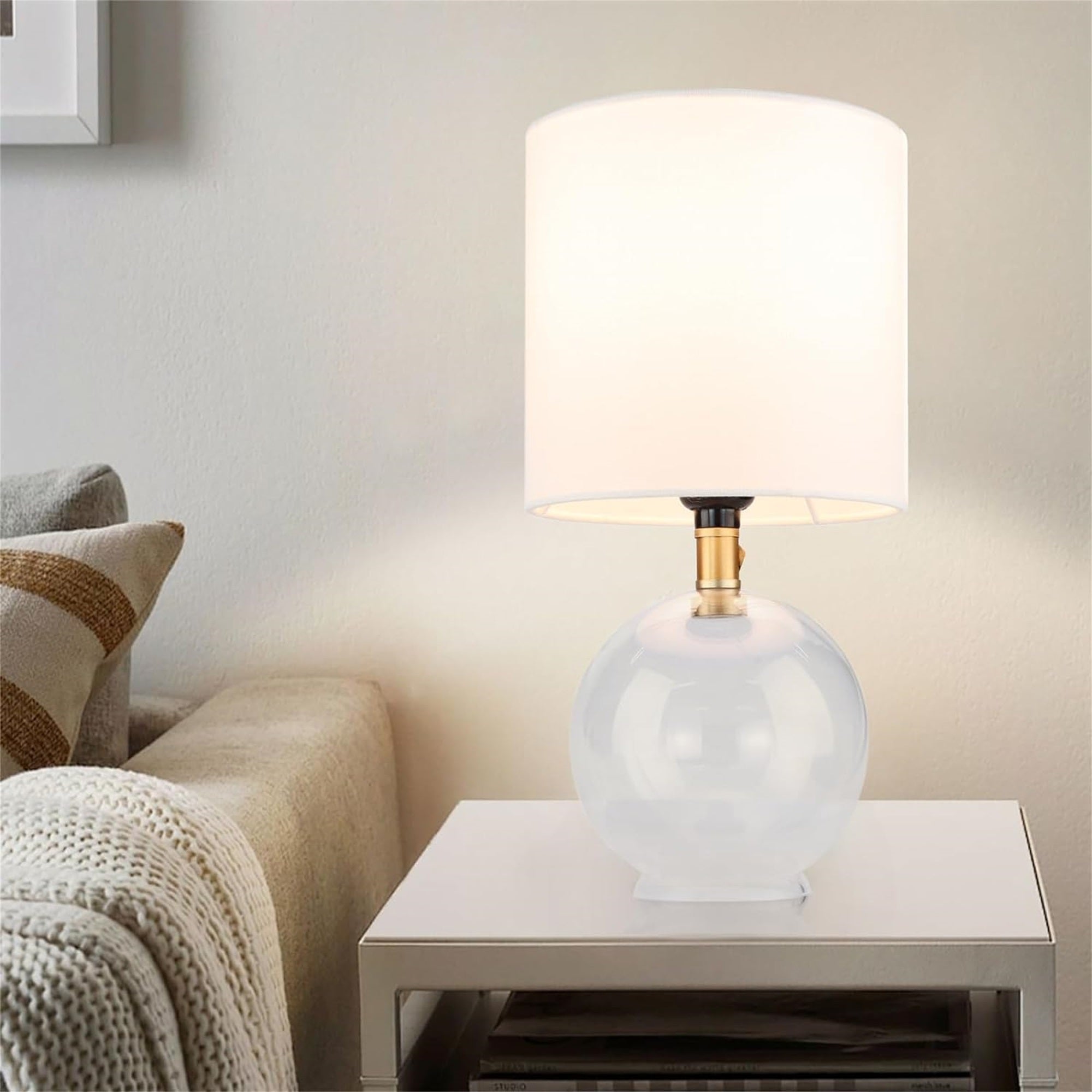 Minimal Glass Table Lamp with Fabric Shade – Soft Ambient Bedside Light