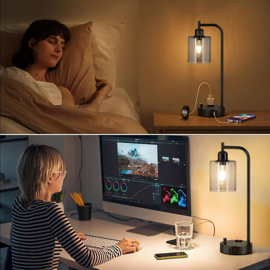 Industrial Desk Lamps 2-Pack with USB-C Charging & Dimmable Light
