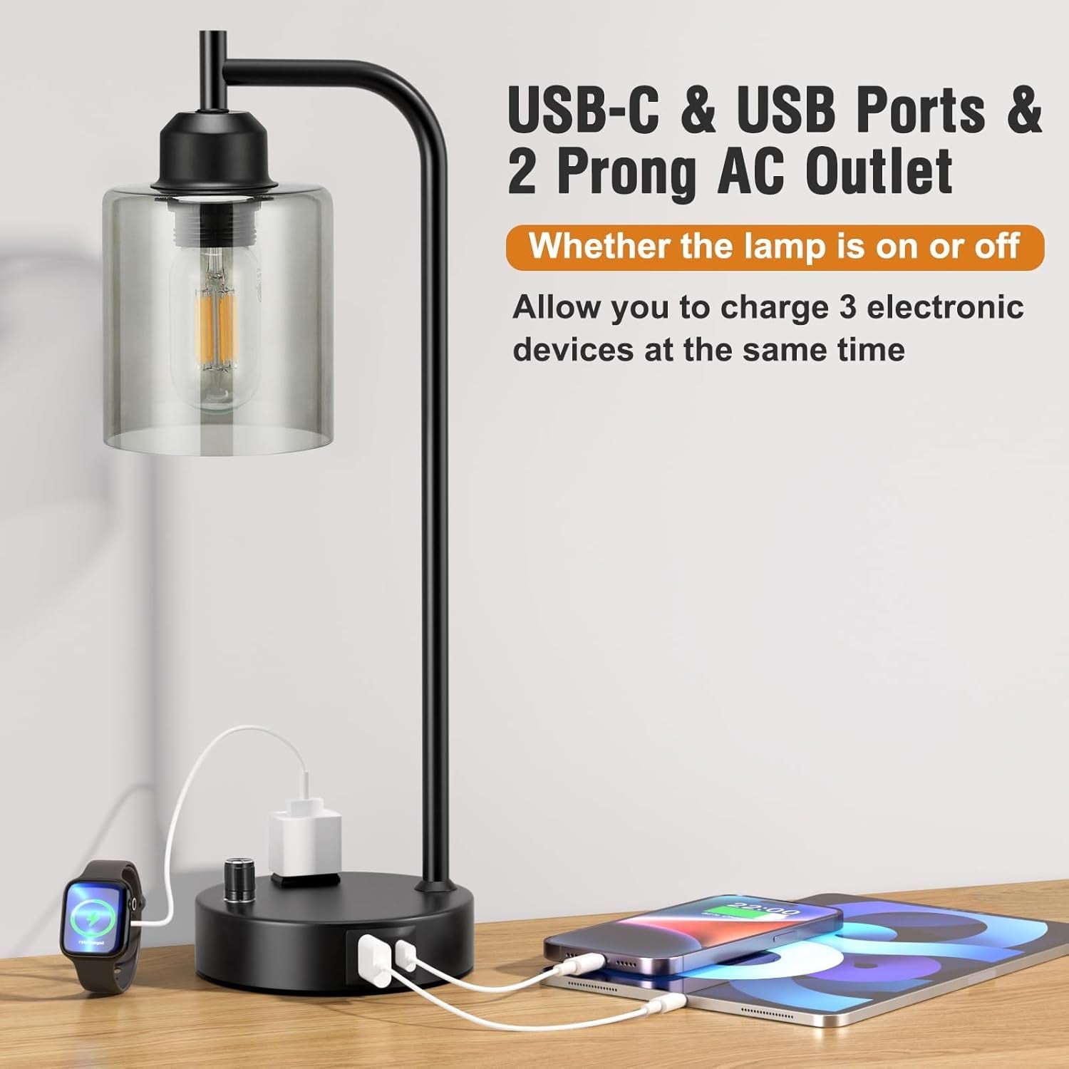 Industrial Desk Lamps 2-Pack with USB-C Charging & Dimmable Light