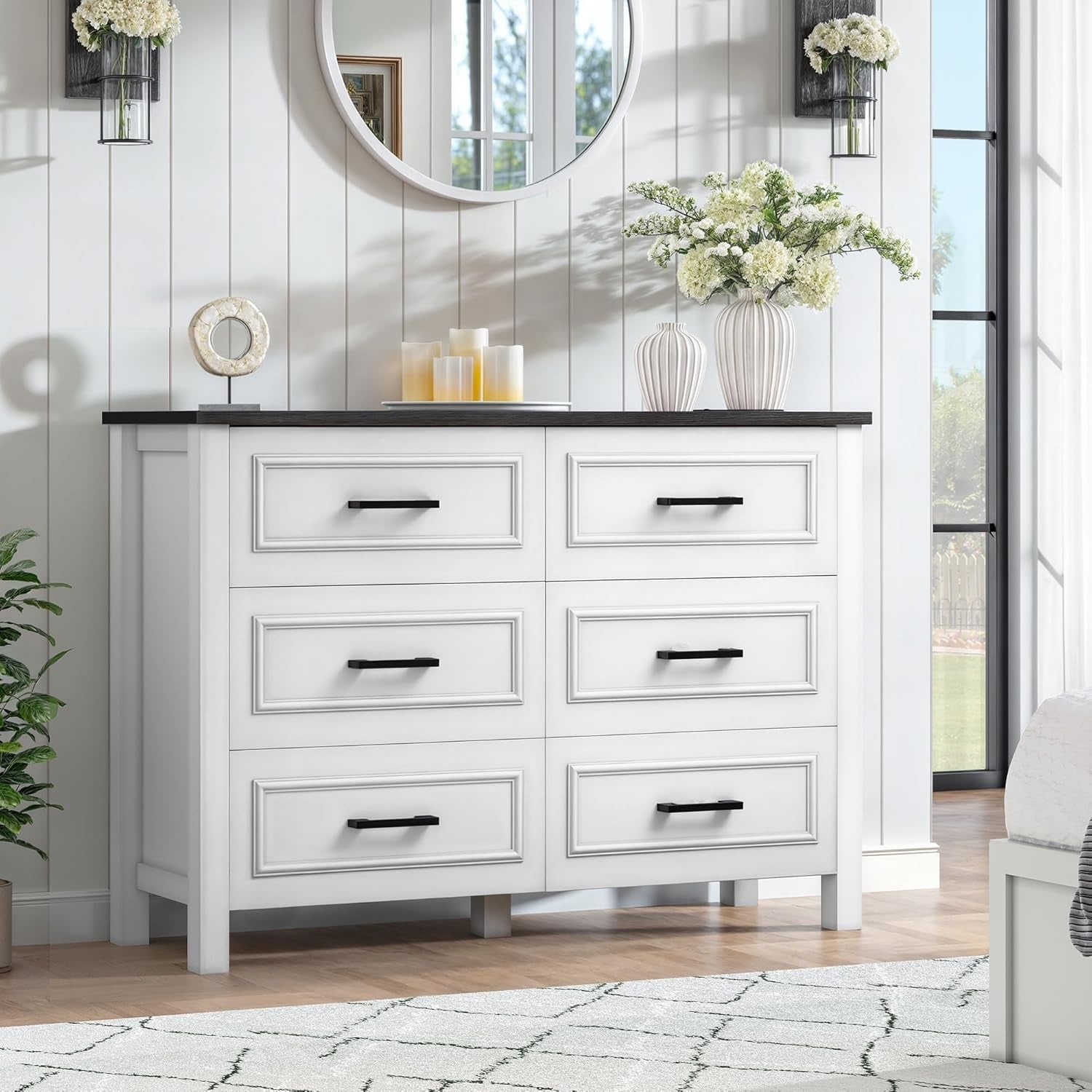 6 Drawer Farmhouse Dresser with Built-In Power Outlet – White & Black