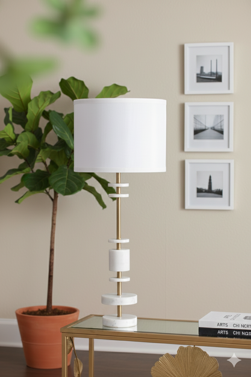 13" White Marble & Brass Table Lamp – 32.8" Tall Modern Drum Shade Lamp