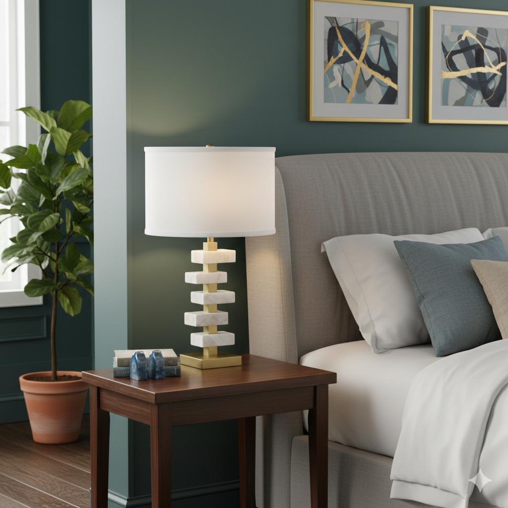 15x26.7" Alabaster & Gold Table Lamp with White Drum Shade – Modern Accent Lighting