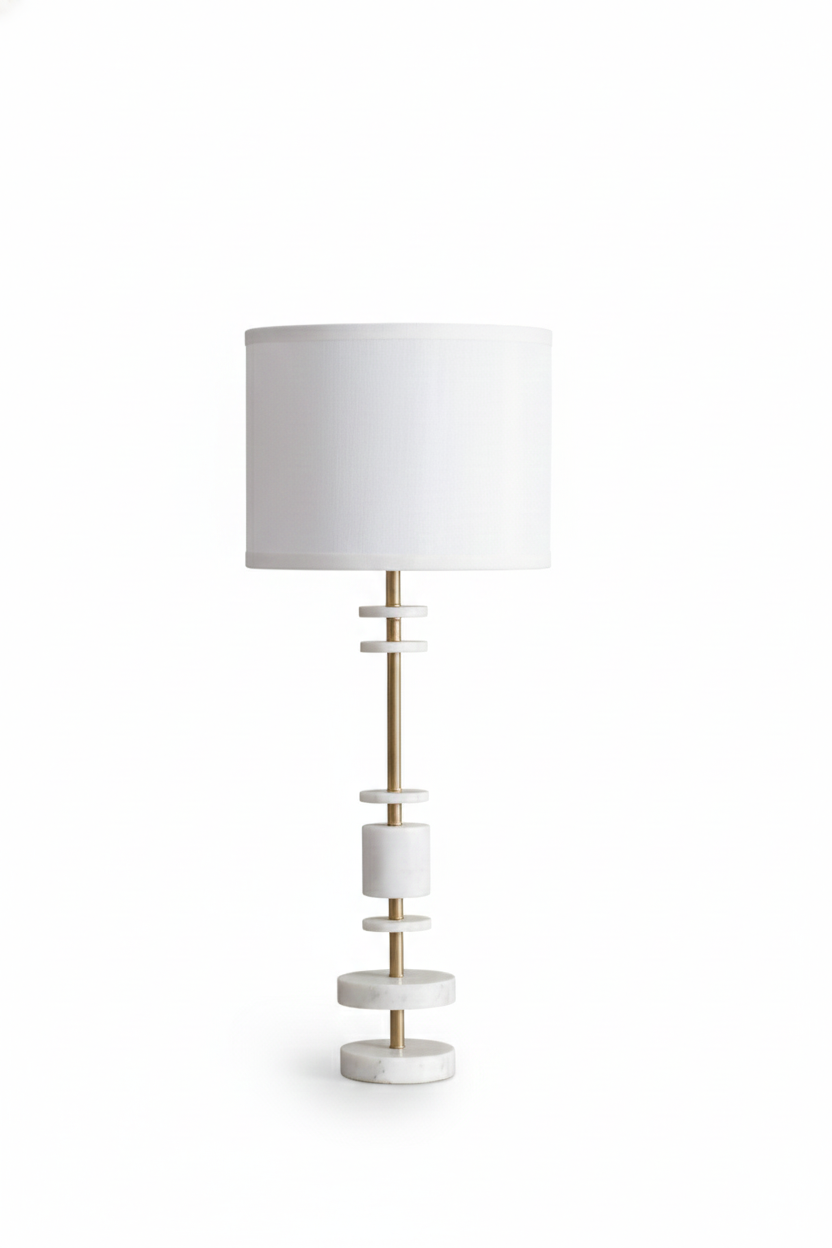 13" White Marble & Brass Table Lamp – 32.8" Tall Modern Drum Shade Lamp