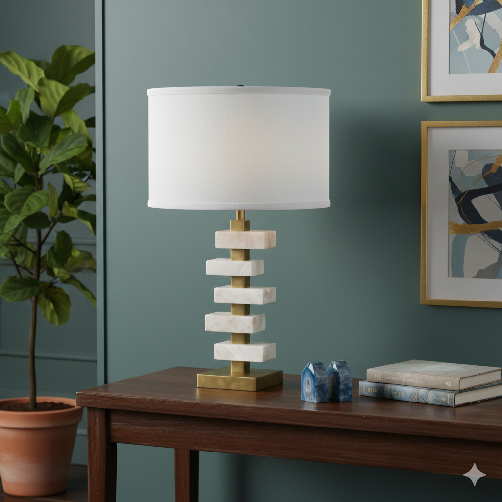 15x26.7" Alabaster & Gold Table Lamp with White Drum Shade – Modern Accent Lighting