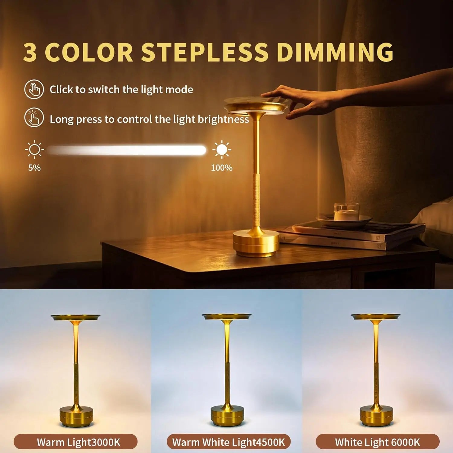 Wireless Aluminum LED Desk Lamp – Touch Dimming & Rechargeable