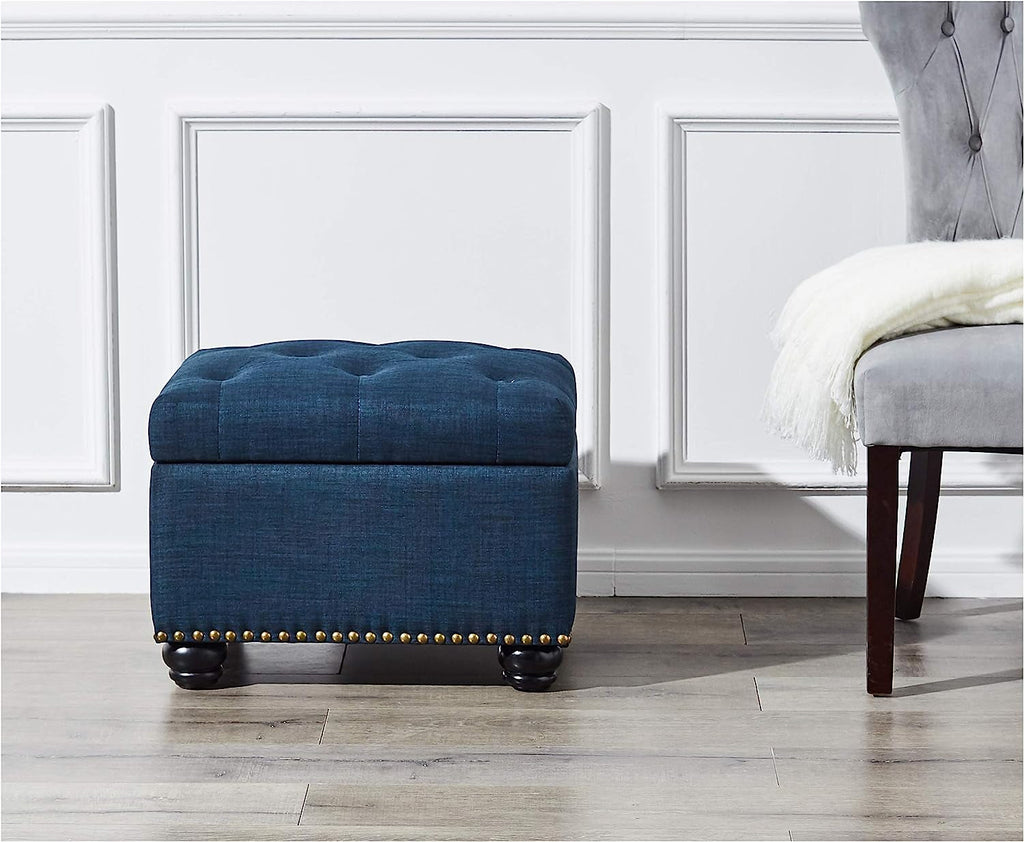 Small Blue Linen Storage Ottoman With Hinged Lid For Living Room