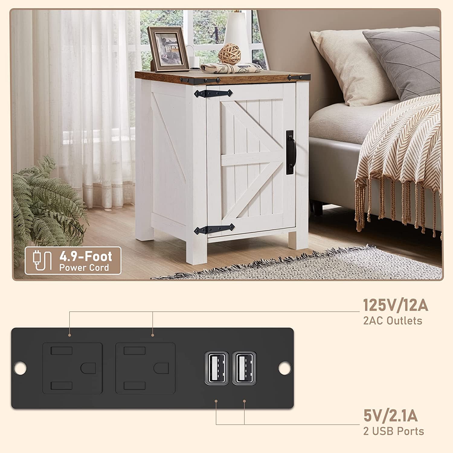 Farmhouse Nightstand With Charging Station Antique Finish