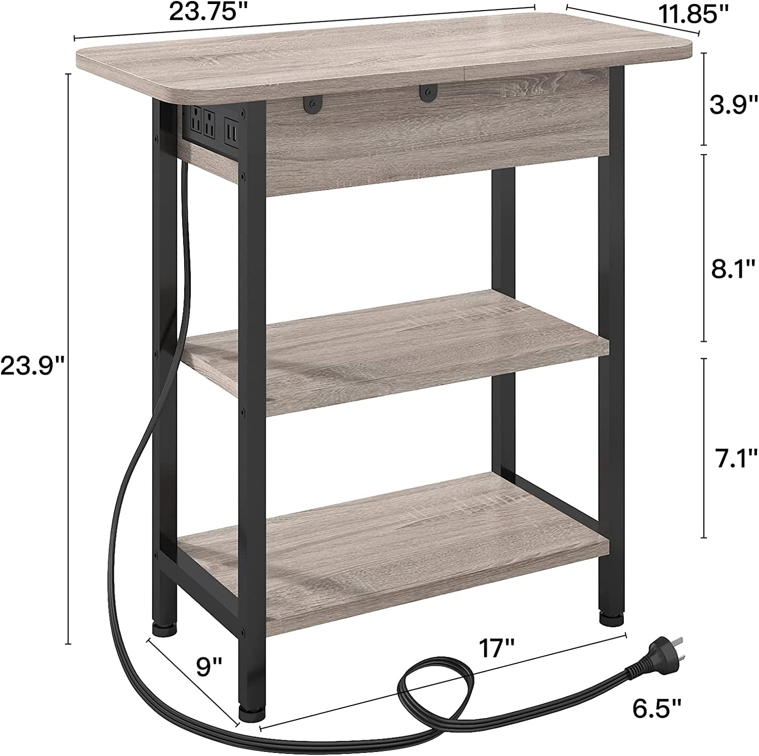 End Table with Vertical Charging Station & USB Outlets – Greige