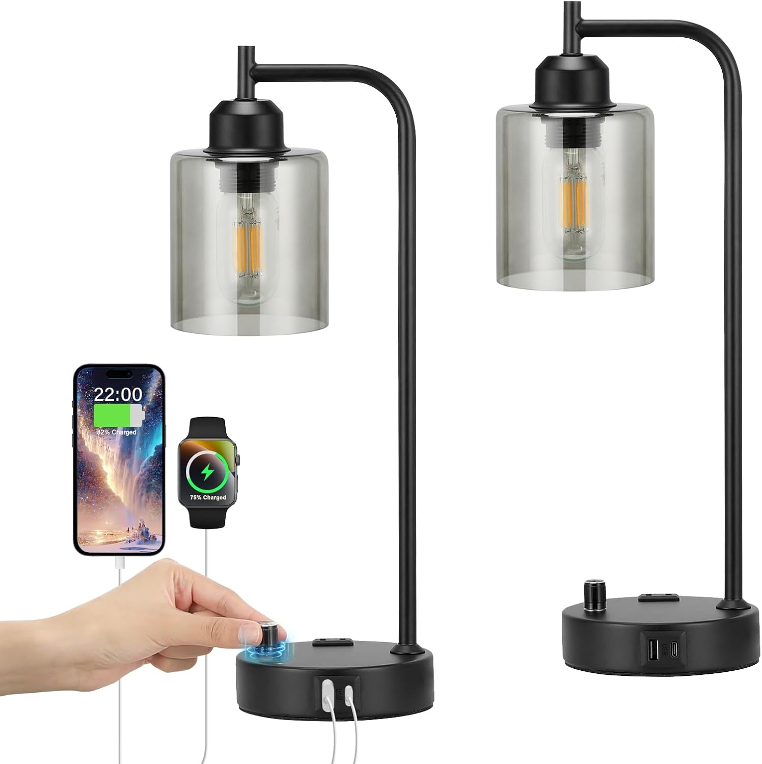 Industrial Desk Lamps 2-Pack with USB-C Charging & Dimmable Light
