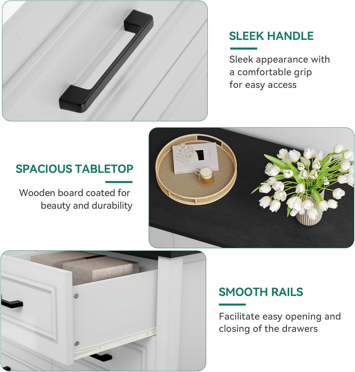 6 Drawer Farmhouse Dresser with Built-In Power Outlet – White & Black