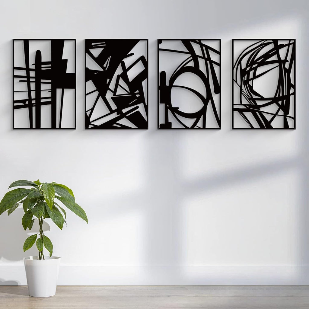 Black Abstract Metal Wall Art Set – Minimalist 3D Home Decor (4 Pack)