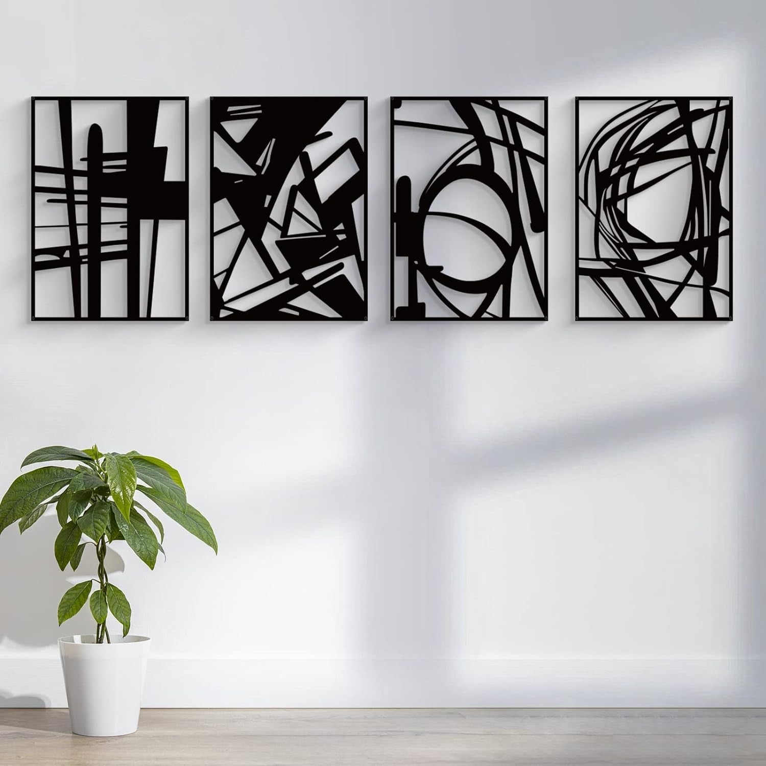 Black Abstract Metal Wall Art Set – Minimalist 3D Home Decor (4 Pack)