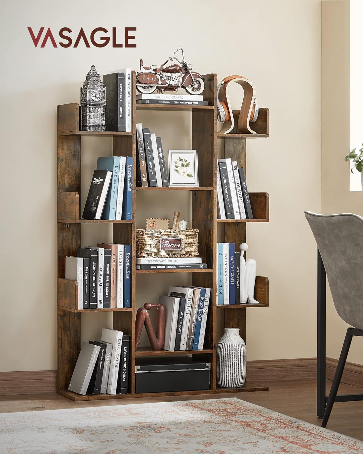 Tree-Shaped Rustic Bookshelf with 13 Shelves – Space-Saving Bookcase