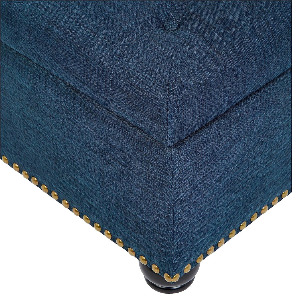 Small Blue Linen Storage Ottoman With Hinged Lid For Living Room